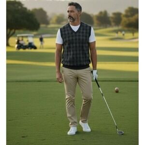 Roundtree & Yorke Easy Care Wool Sweater Vest Black Gray Windowpane Plaid Large